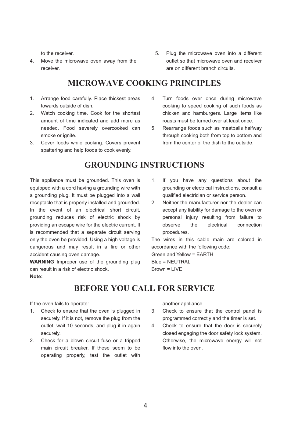 Microwave cooking principles, Grounding instructions, Before you call for service | Campomatic KOR22A1 User Manual | Page 5 / 15