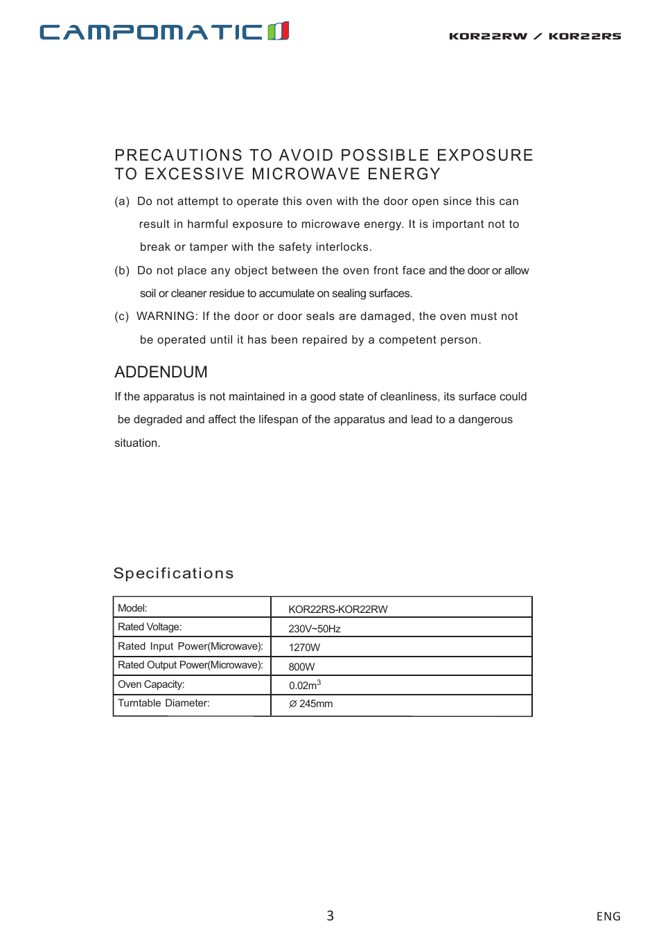 Kor22rw / kor22rs, Addendum, Specifications | Campomatic KOR22RW User Manual | Page 3 / 22