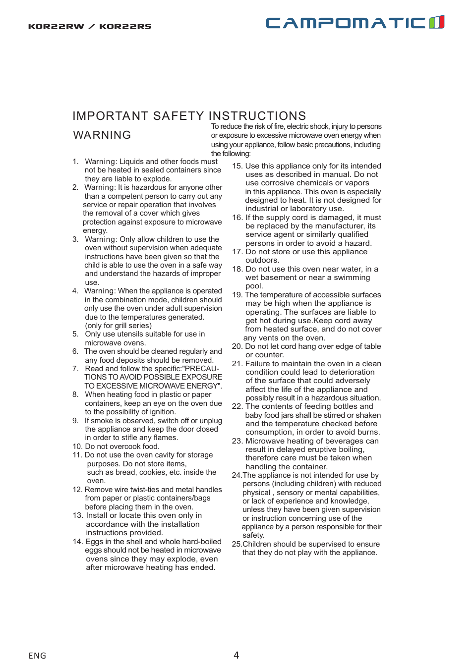Kor22rw / kor22rs, Important safety instructions, Warning | Campomatic KOR22RW User Manual | Page 4 / 22