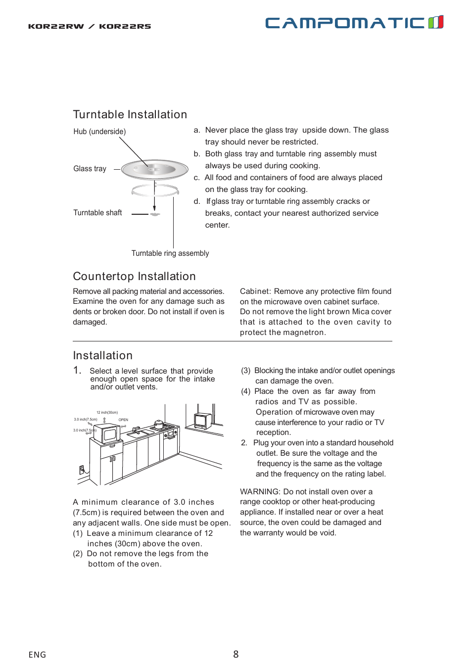 Kor22rw / kor22rs, Countertop installation, Installation | Turntable installation | Campomatic KOR22RW User Manual | Page 8 / 22