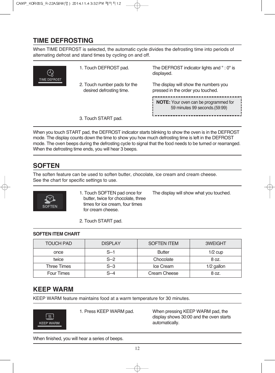 Time defrosting, Keep warm, Soften | Campomatic KOR65S User Manual | Page 13 / 33