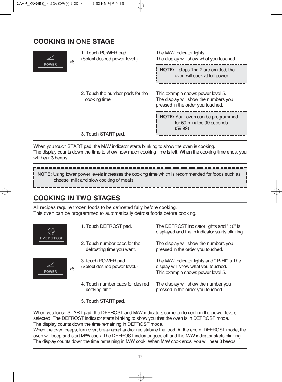 Cooking in two stages, Cooking in one stage | Campomatic KOR65S User Manual | Page 14 / 33