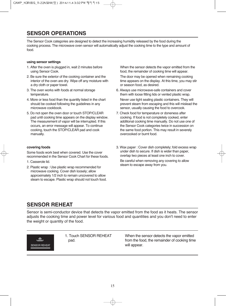 Sensor operations, Sensor reheat | Campomatic KOR65S User Manual | Page 16 / 33