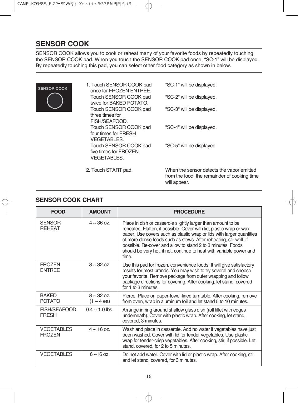 Sensor cook | Campomatic KOR65S User Manual | Page 17 / 33
