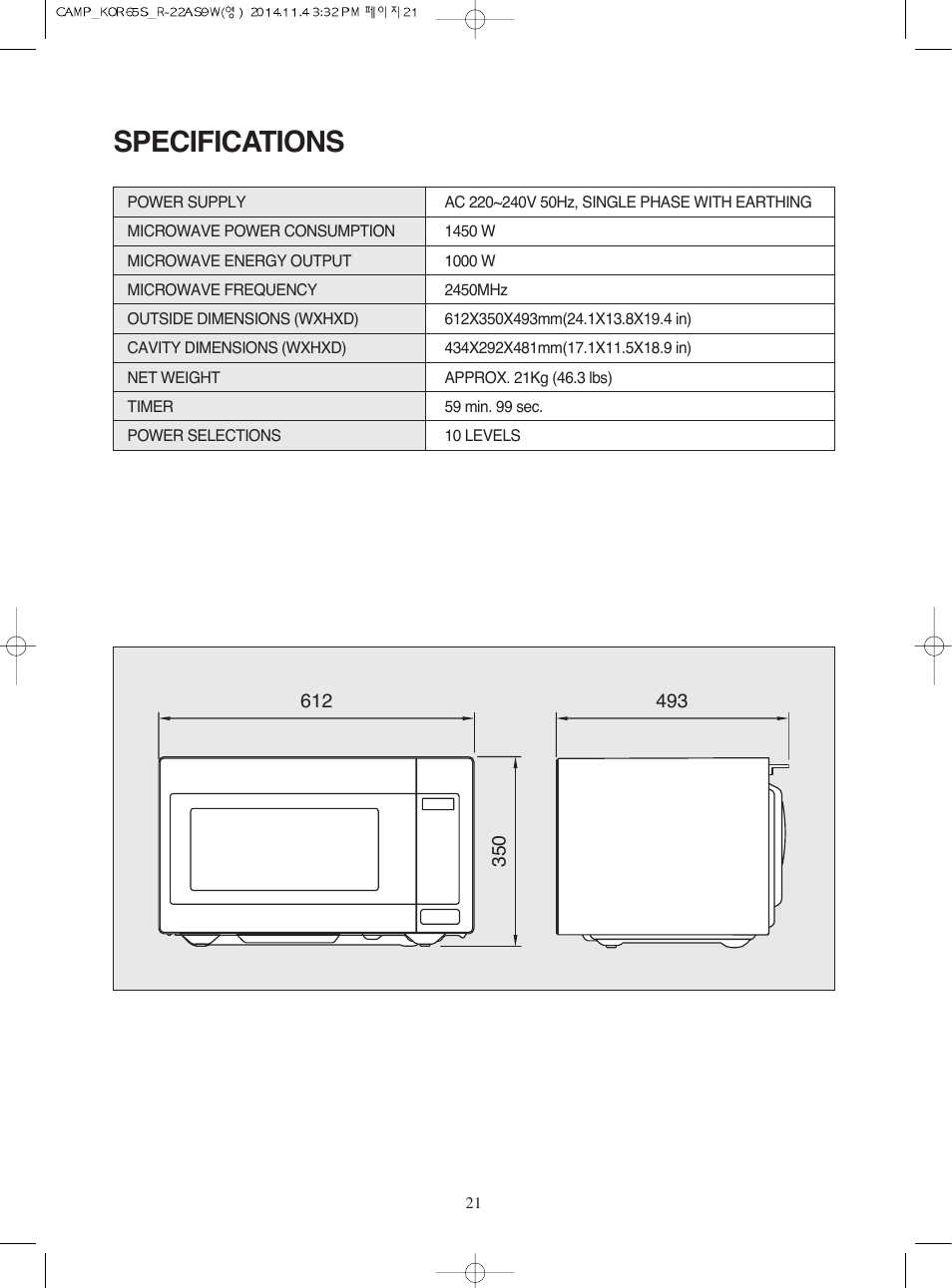 Specifications | Campomatic KOR65S User Manual | Page 22 / 33