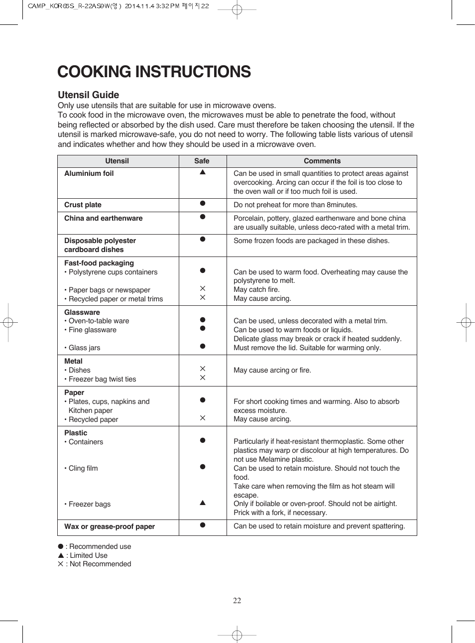 Cooking instructions, Utensil guide | Campomatic KOR65S User Manual | Page 23 / 33