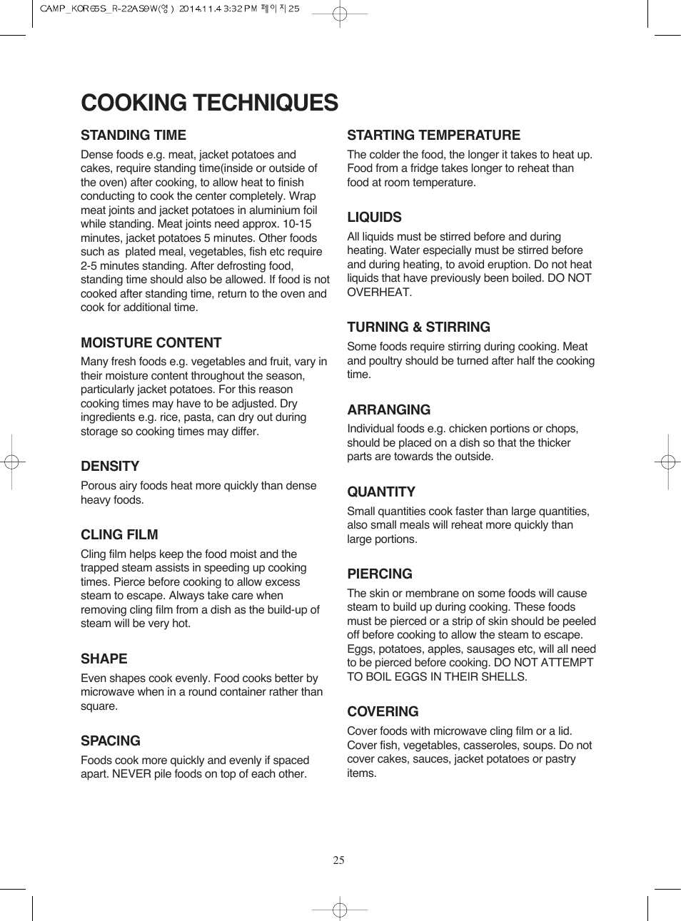 Cooking techniques | Campomatic KOR65S User Manual | Page 26 / 33