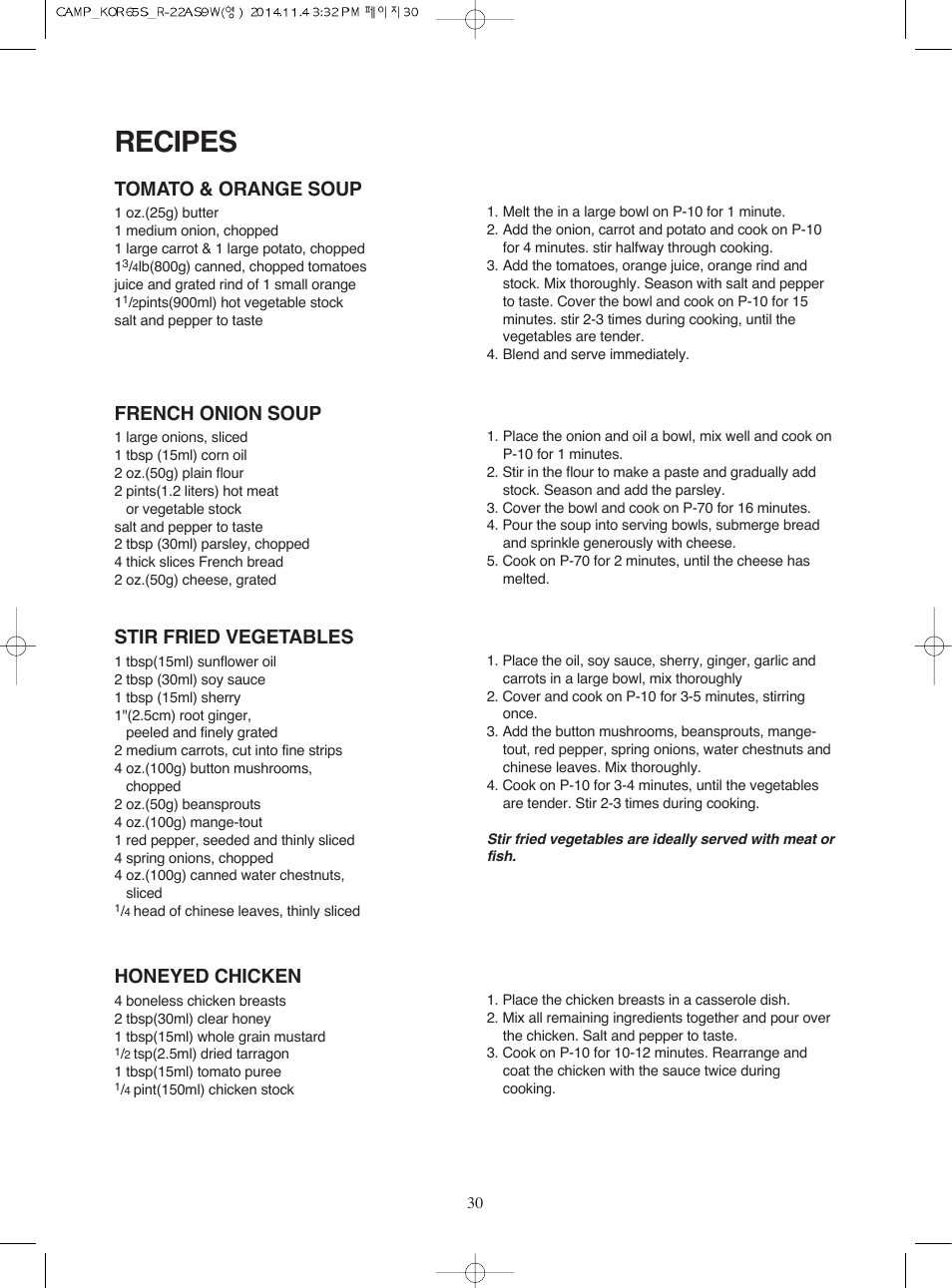 Recipes, Tomato & orange soup, French onion soup | Stir fried vegetables, Honeyed chicken | Campomatic KOR65S User Manual | Page 31 / 33