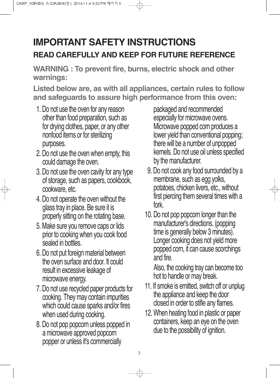 Important safety instructions | Campomatic KOR65S User Manual | Page 4 / 33