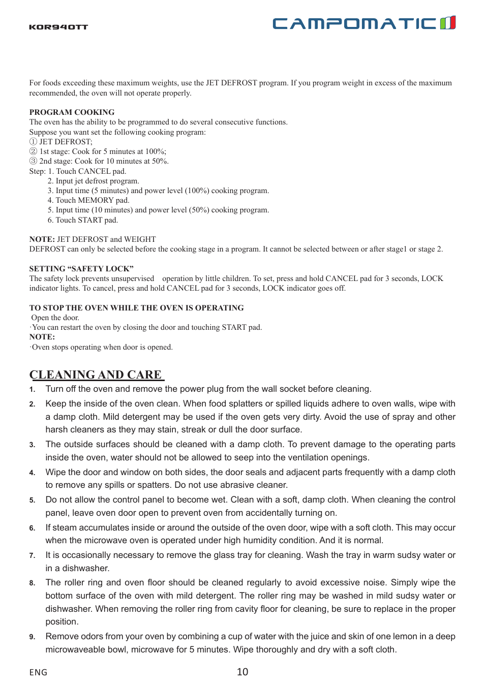 Kor940tt, Cleaning and care | Campomatic KOR940T User Manual | Page 10 / 20
