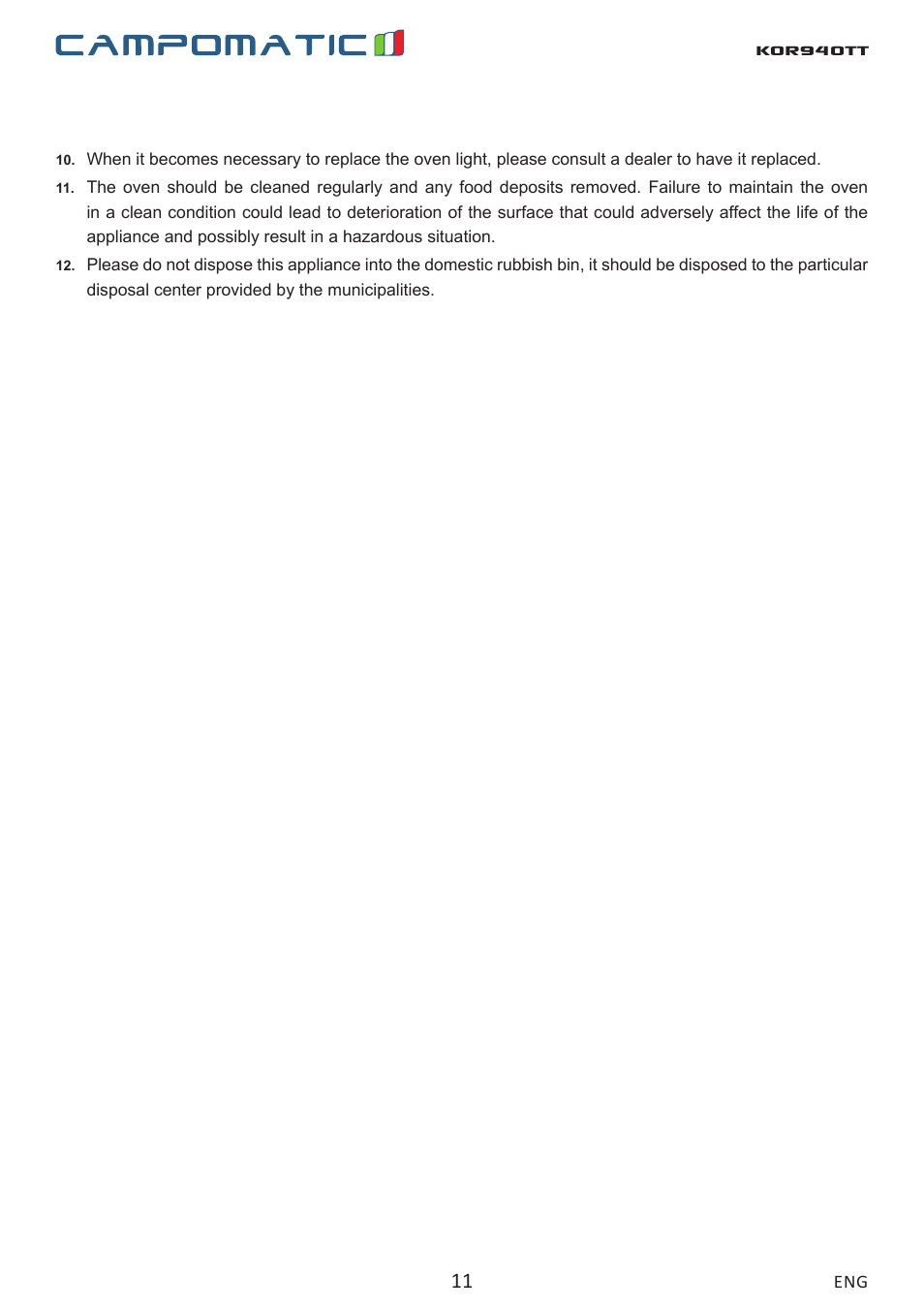 Kor940tt | Campomatic KOR940T User Manual | Page 11 / 20