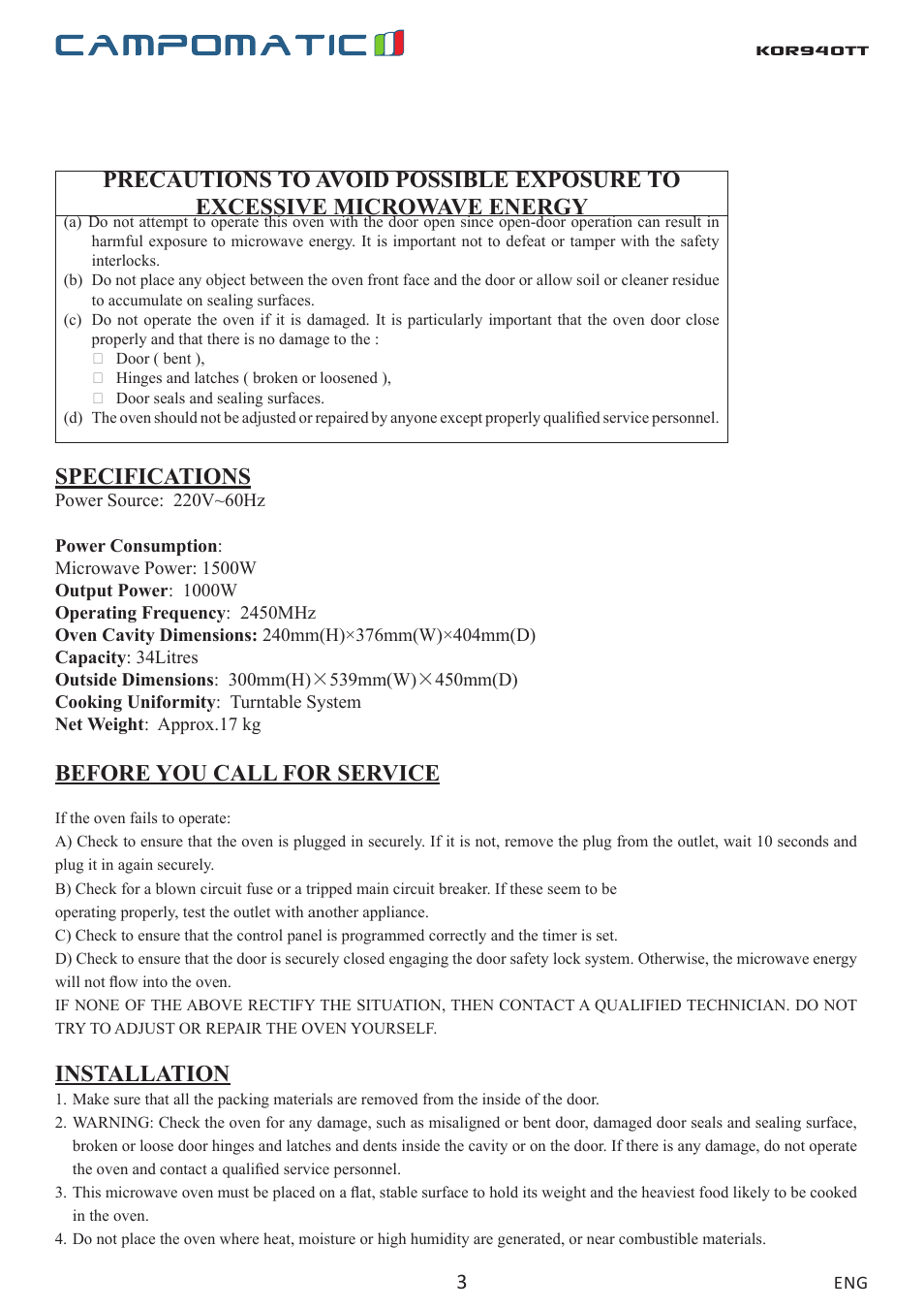 Kor940tt, Specifications, Before you call for service | Installation | Campomatic KOR940T User Manual | Page 3 / 20