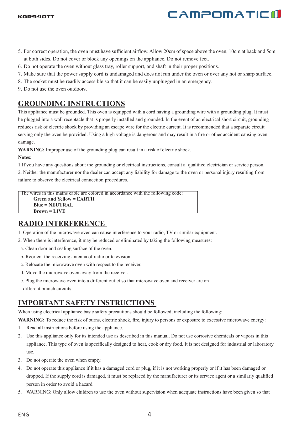 Kor940tt, Grounding instructions, Radio interference | Important safety instructions | Campomatic KOR940T User Manual | Page 4 / 20