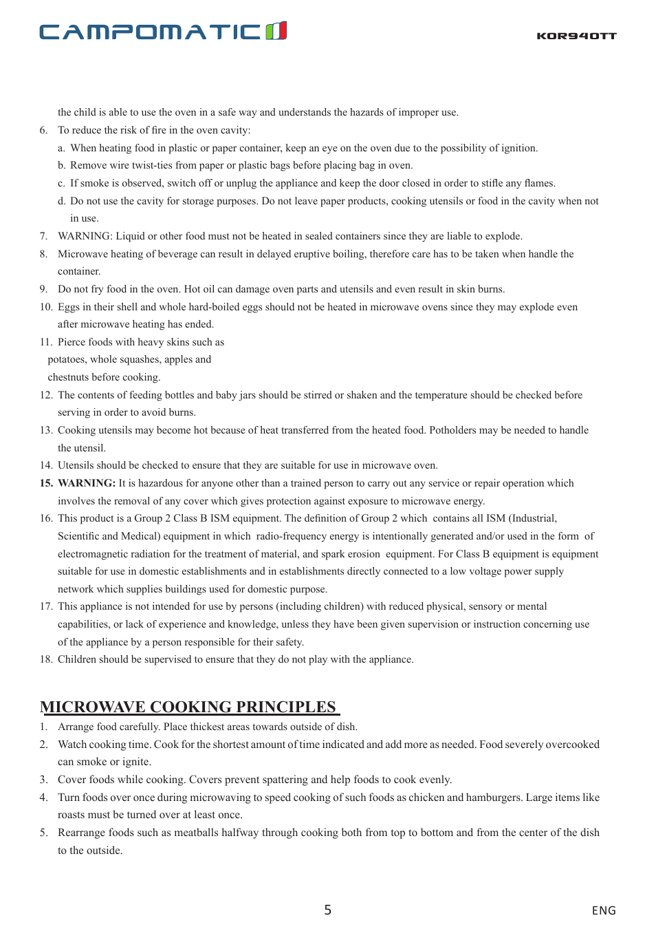 Kor940tt, Microwave cooking principles | Campomatic KOR940T User Manual | Page 5 / 20