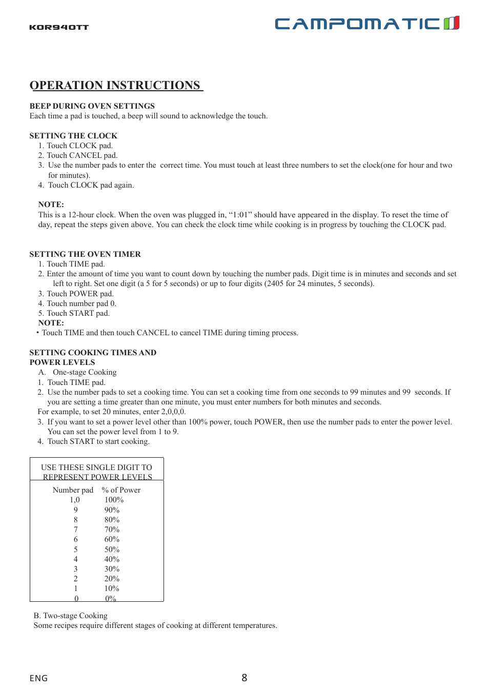 Kor940tt, Operation instructions | Campomatic KOR940T User Manual | Page 8 / 20