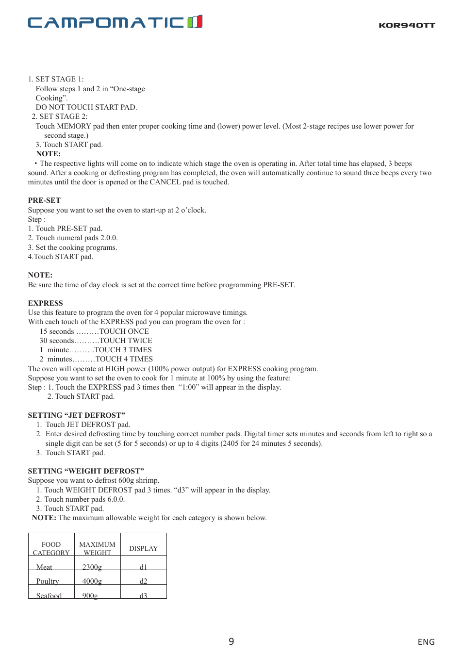Kor940tt | Campomatic KOR940T User Manual | Page 9 / 20