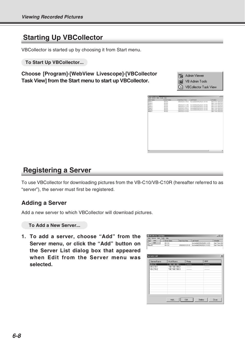 Starting up vbcollector, Registering a server | Canon VB-C10R User Manual | Page 112 / 138
