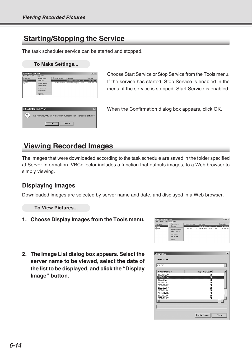 Viewing recorded images, Starting/stopping the service | Canon VB-C10R User Manual | Page 118 / 138