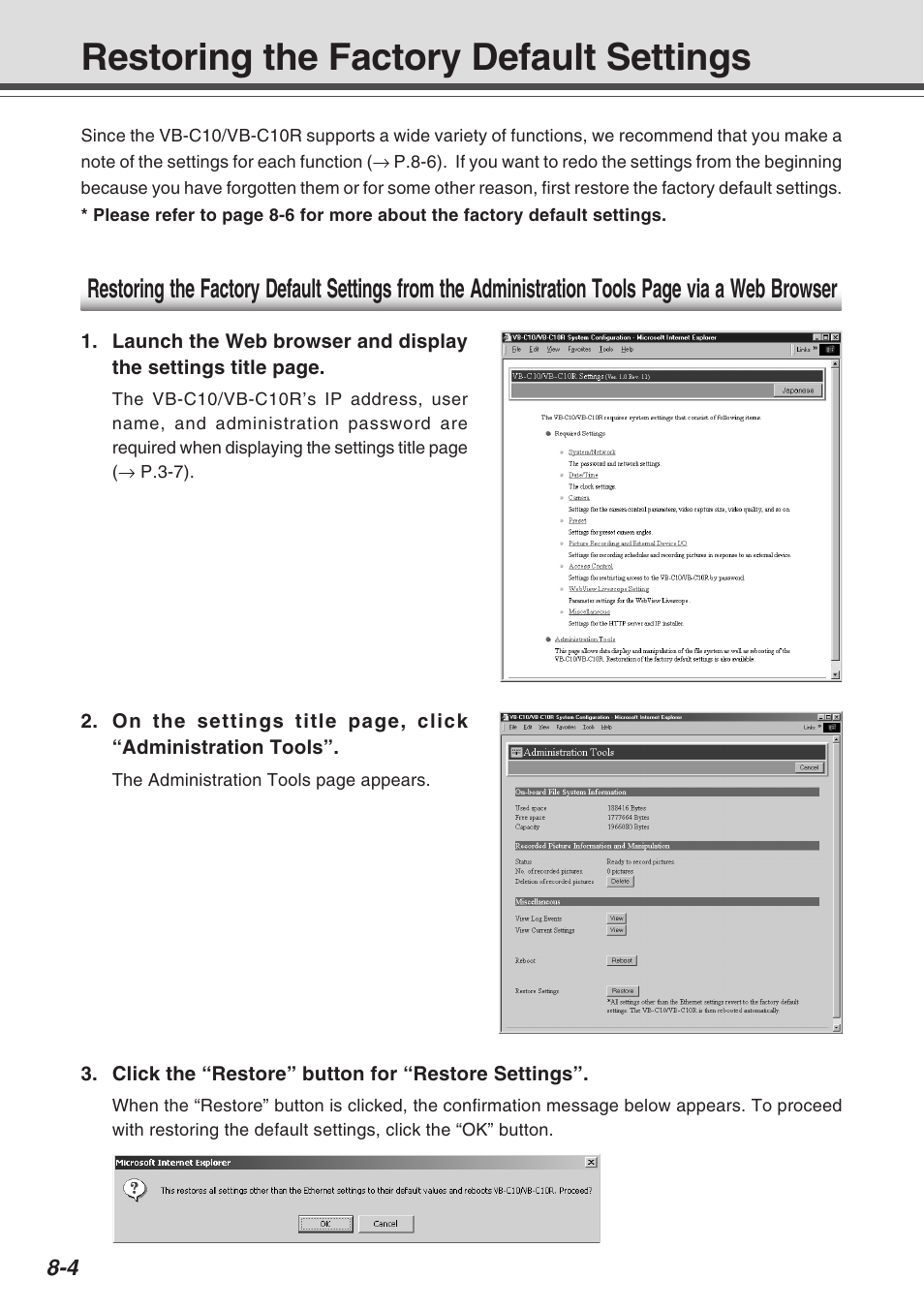 Restoring the factory default settings | Canon VB-C10R User Manual | Page 132 / 138
