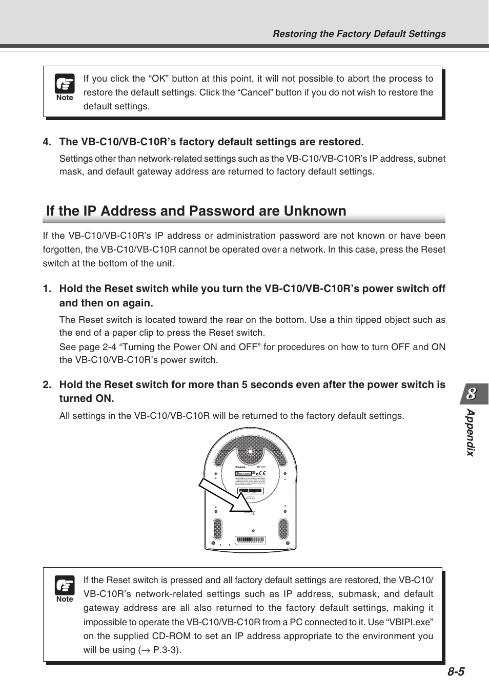 If the ip address and password are unknown, Appendix | Canon VB-C10R User Manual | Page 133 / 138