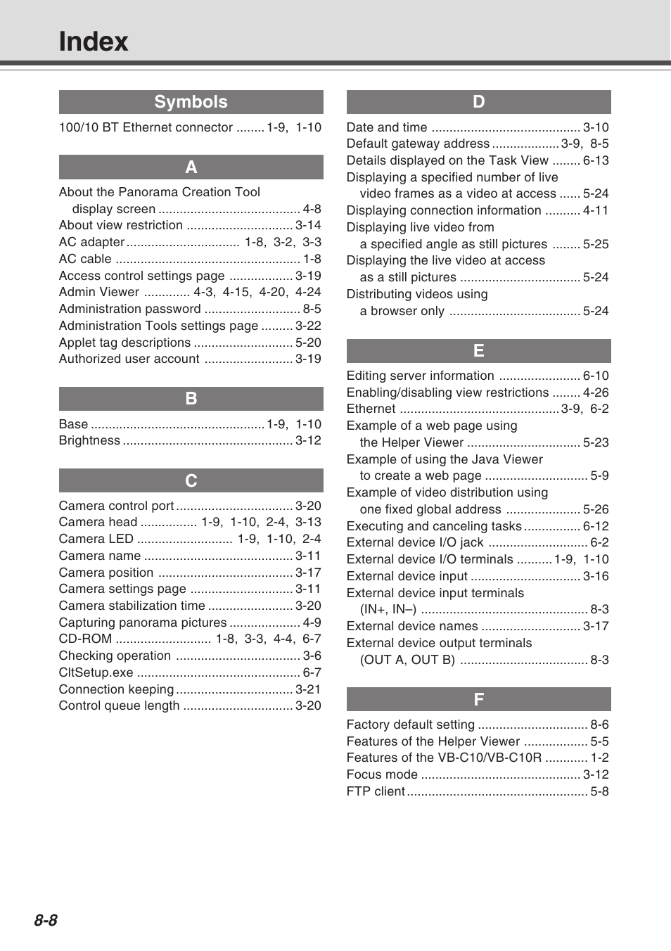 Index, Symbols | Canon VB-C10R User Manual | Page 136 / 138