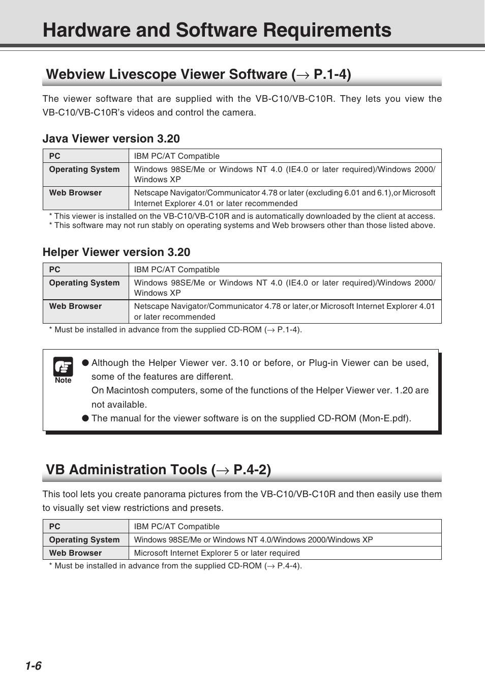 Hardware and software requirements, Vb administration tools ( → p.4-2), Webview livescope viewer software ( → p.1-4) | Java viewer version 3.20, Helper viewer version 3.20 | Canon VB-C10R User Manual | Page 18 / 138