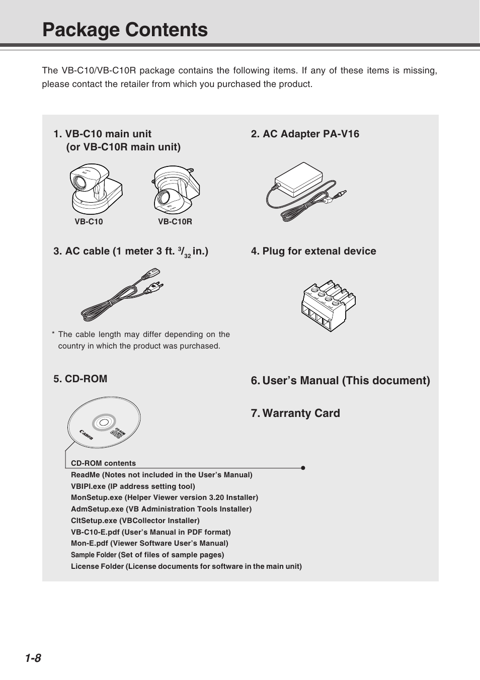 Package contents, User’s manual (this document) 7. warranty card | Canon VB-C10R User Manual | Page 20 / 138