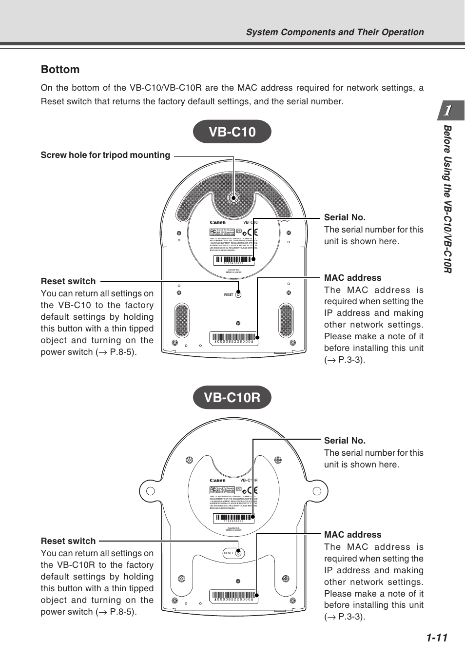 Vb-c10 vb-c10r, Bottom, Bef ore using the vb-c10/vb-c10r | System components and their operation | Canon VB-C10R User Manual | Page 23 / 138