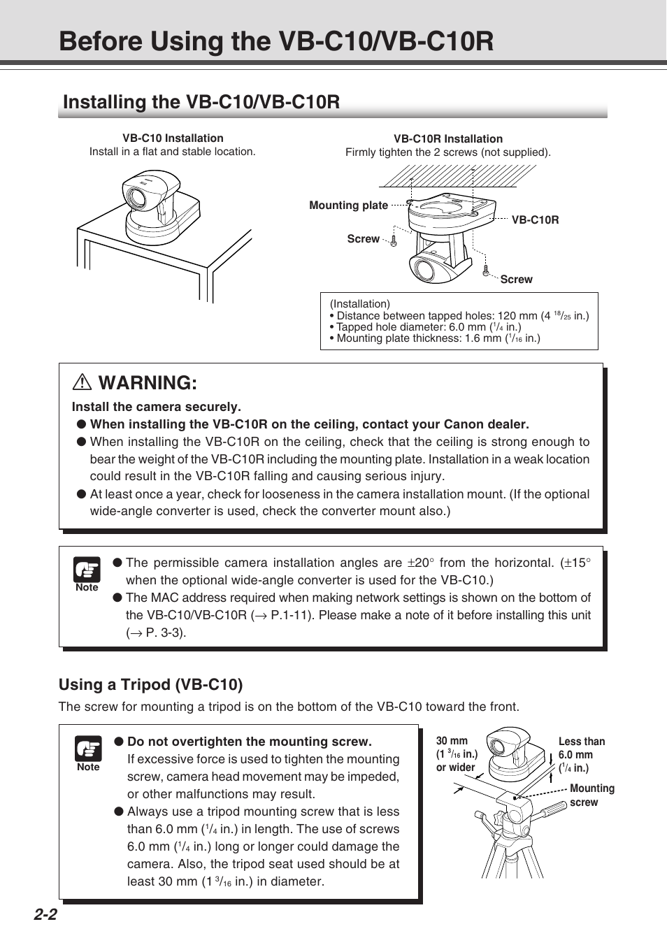 Before using the vb-c10/vb-c10r, Installing the vb-c10/vb-c10r, A warning | Using a tripod (vb-c10) | Canon VB-C10R User Manual | Page 26 / 138