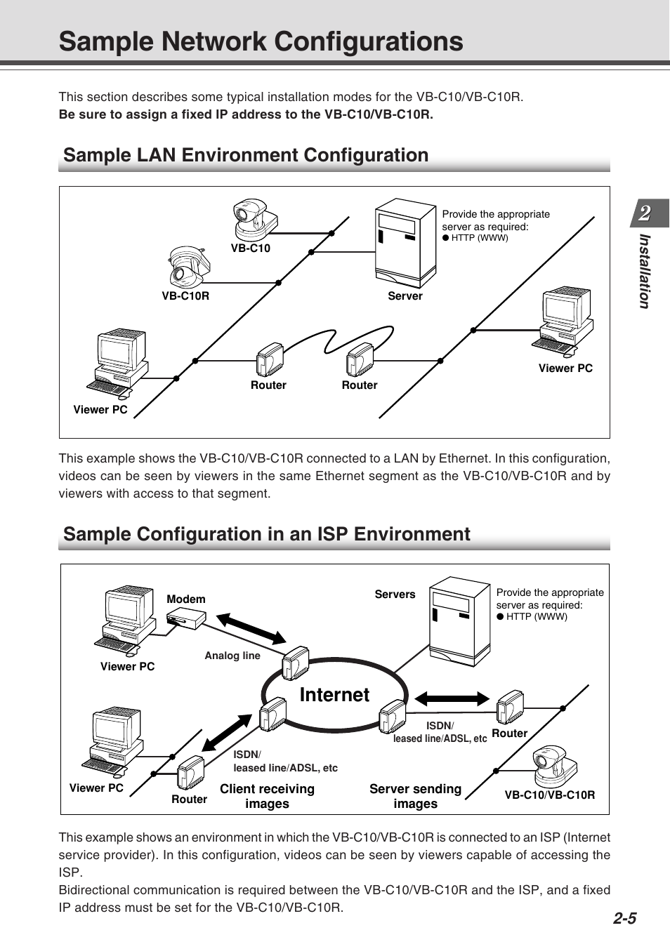 Sample network configurations, Internet, Sample configuration in an isp environment | Sample lan environment configuration | Canon VB-C10R User Manual | Page 29 / 138