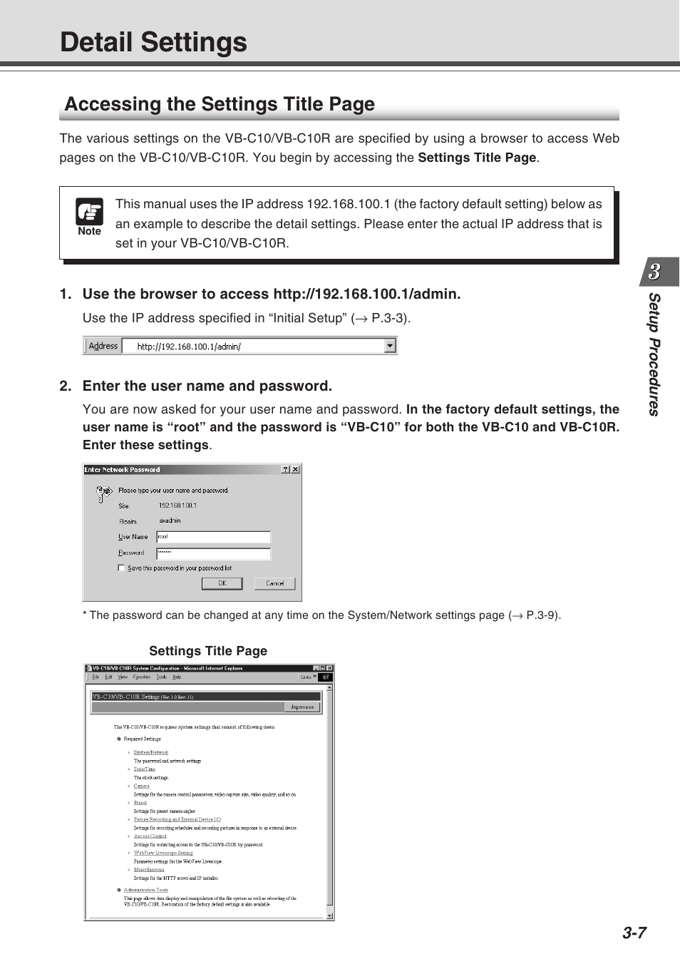 Detail settings, Accessing the settings title page | Canon VB-C10R User Manual | Page 37 / 138