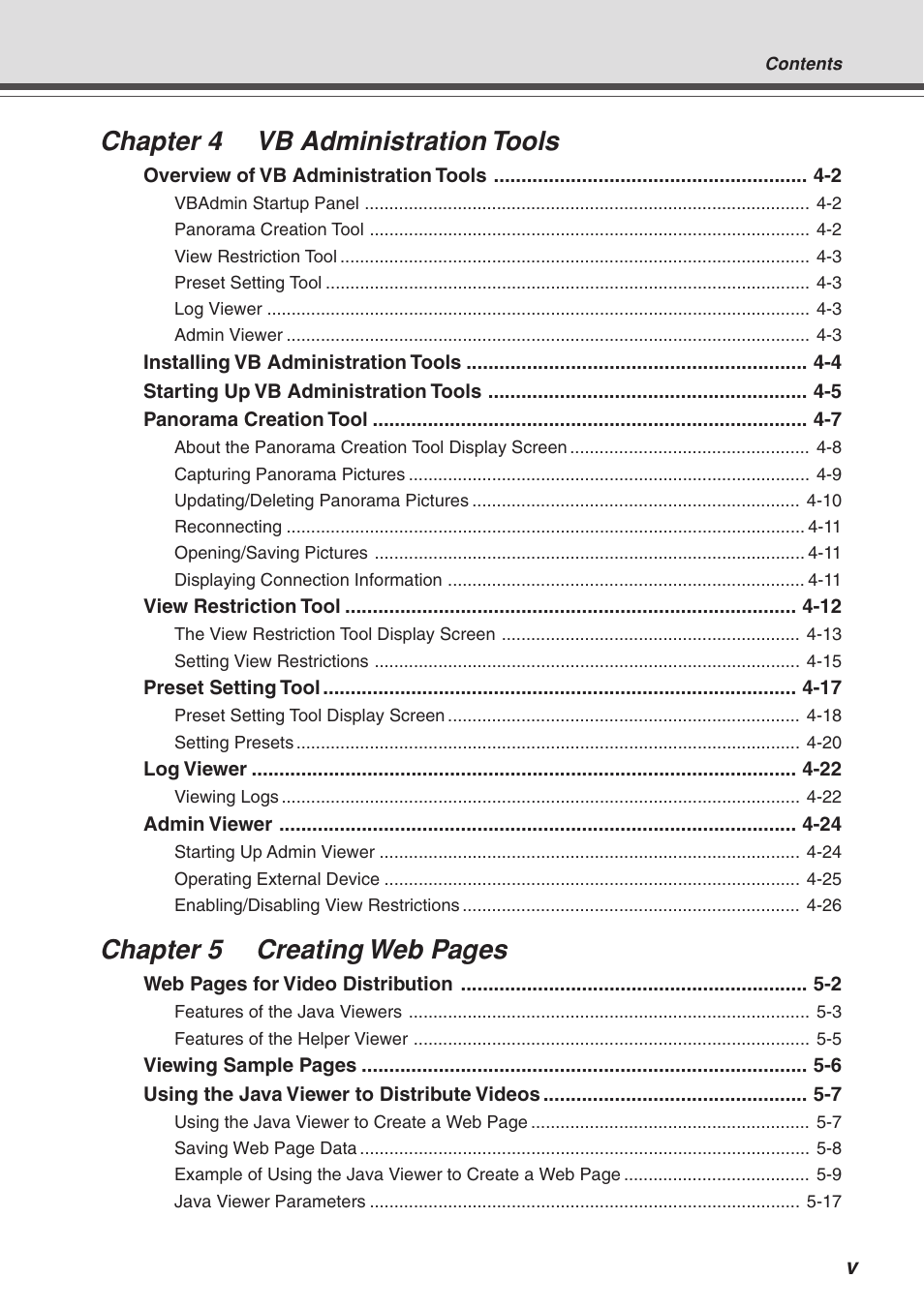 Chapter 4 vb administration tools, Chapter 5 creating web pages | Canon VB-C10R User Manual | Page 5 / 138