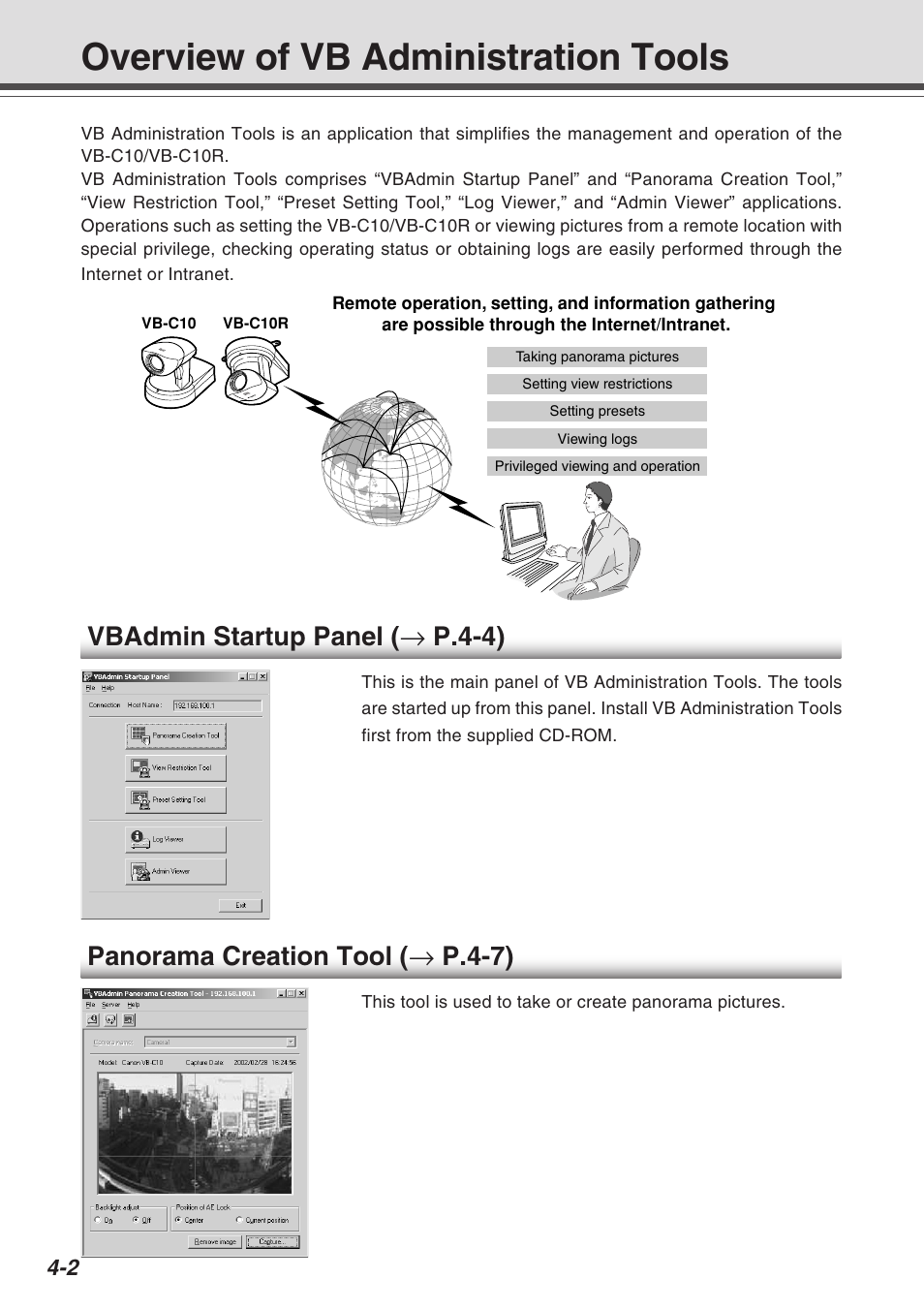 Overview of vb administration tools, Vbadmin startup panel ( → p.4-4), Panorama creation tool ( → p.4-7) | Canon VB-C10R User Manual | Page 54 / 138