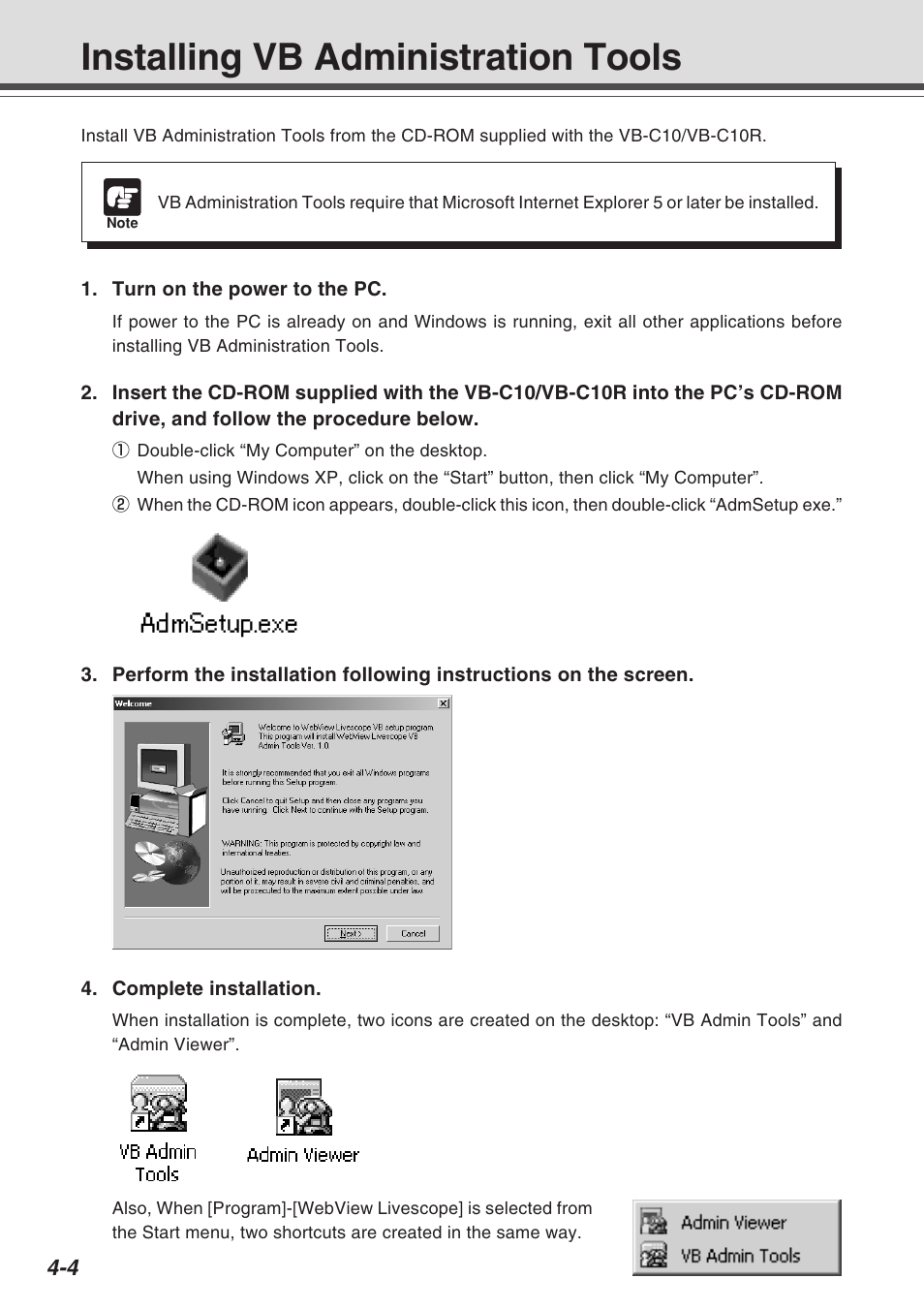 Installing vb administration tools | Canon VB-C10R User Manual | Page 56 / 138