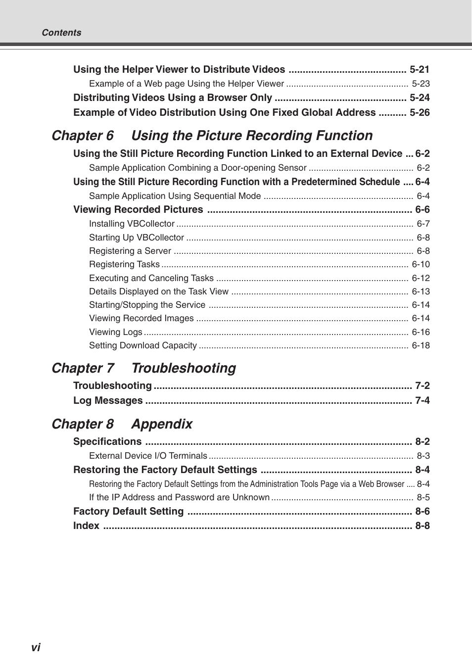 Chapter 6 using the picture recording function, Chapter 7 troubleshooting, Chapter 8 appendix | Canon VB-C10R User Manual | Page 6 / 138
