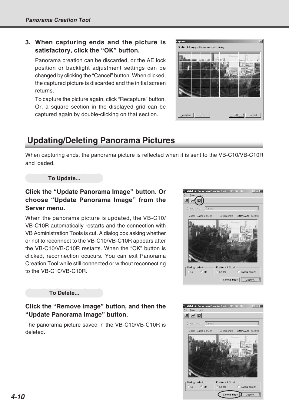 Updating/deleting panorama pictures | Canon VB-C10R User Manual | Page 62 / 138