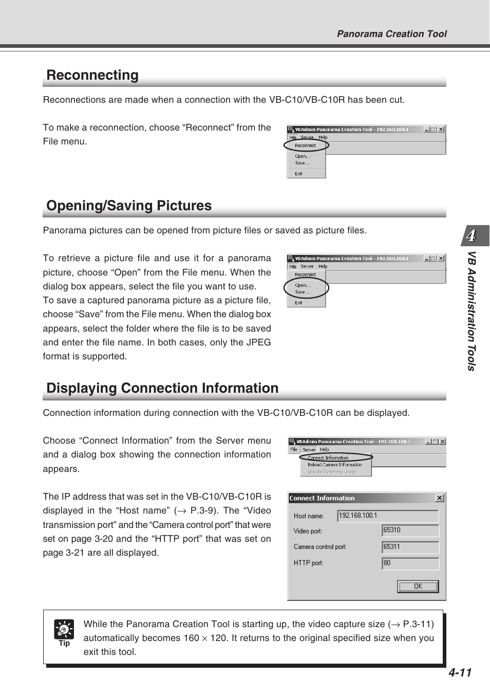 Reconnecting, Opening/saving pictures, Displaying connection information | Canon VB-C10R User Manual | Page 63 / 138