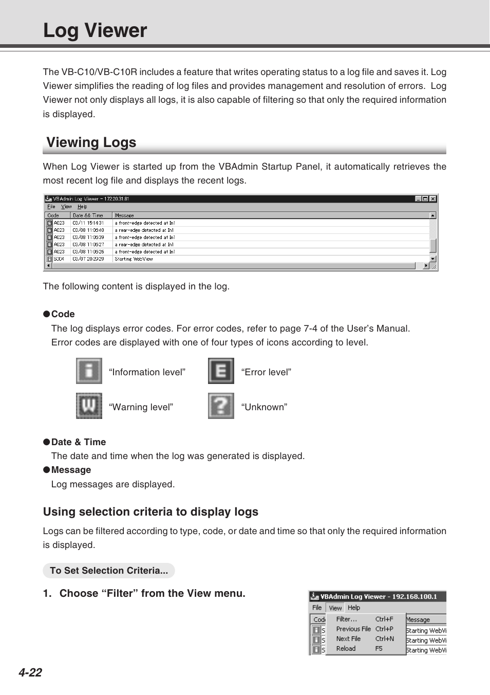 Log viewer, Viewing logs | Canon VB-C10R User Manual | Page 74 / 138