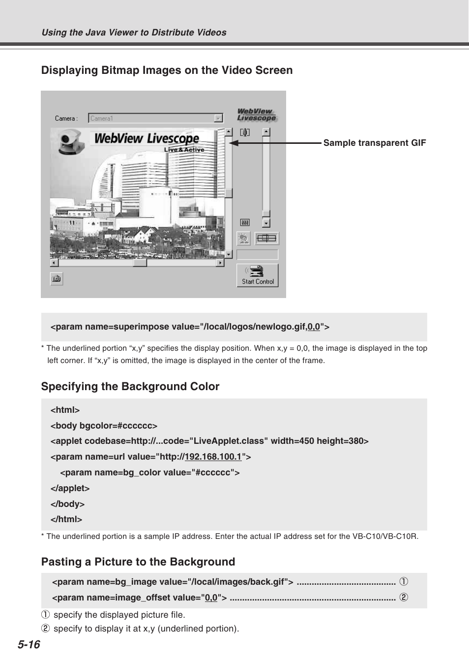 Displaying bitmap images on the video screen, Specifying the background color, Pasting a picture to the background | Canon VB-C10R User Manual | Page 94 / 138