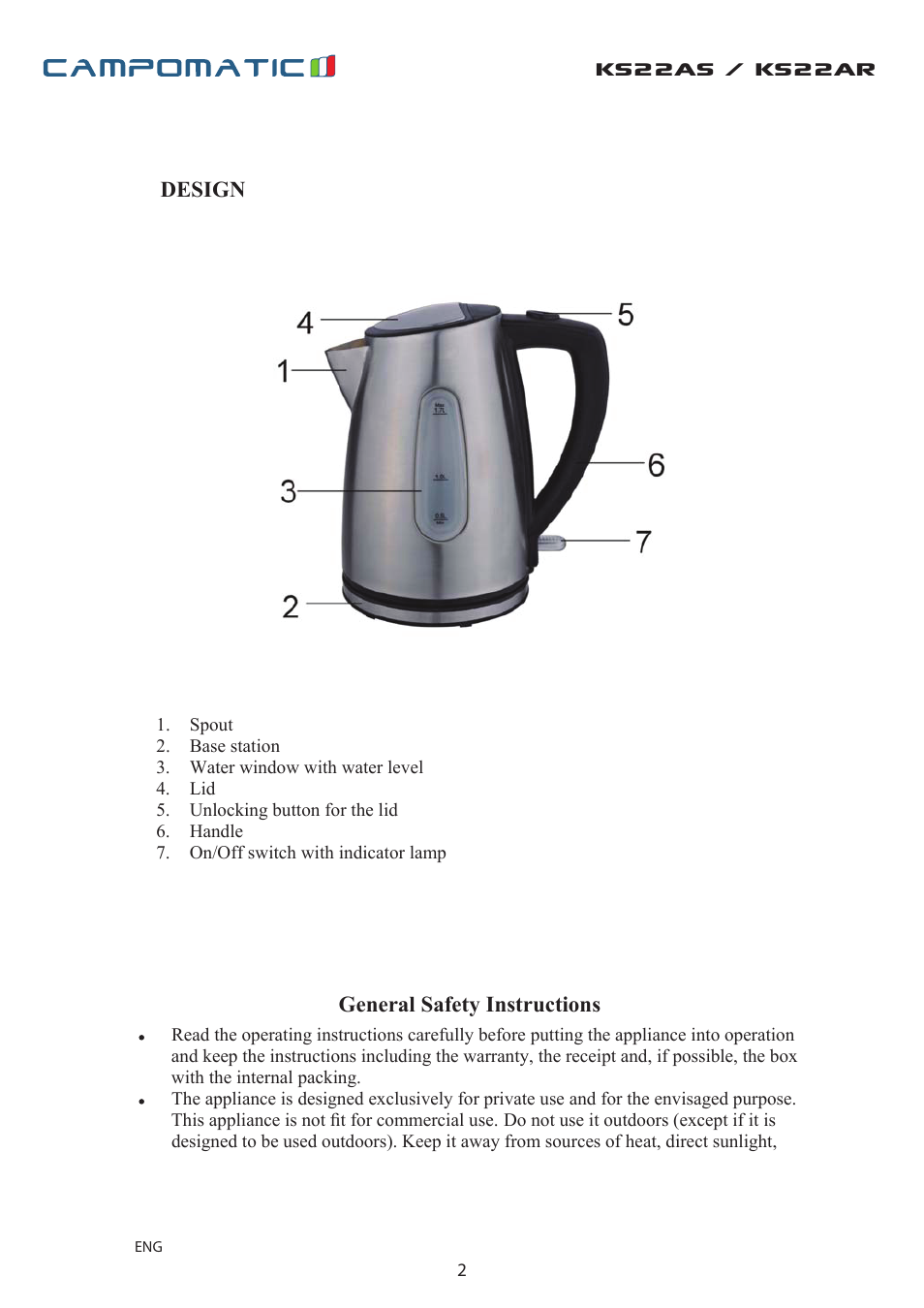 Ks22as / ks22ar | Campomatic KS22AS User Manual | Page 2 / 8