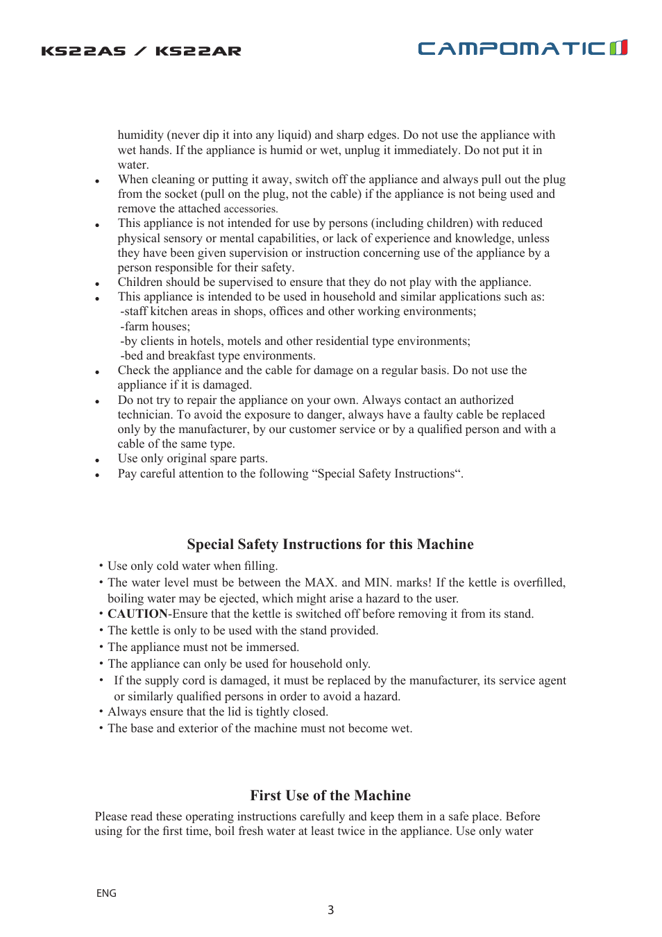 Ks22as / ks22ar, Special safety instructions for this machine, First use of the machine | Campomatic KS22AS User Manual | Page 3 / 8