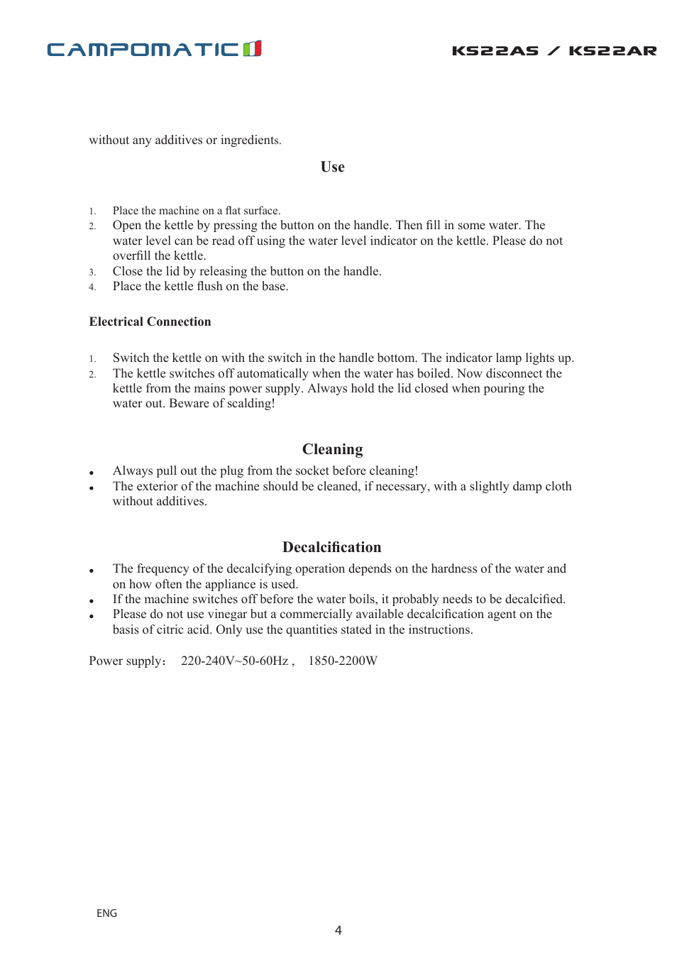 Ks22as / ks22ar, Cleaning, Decalciﬁcation | Campomatic KS22AS User Manual | Page 4 / 8