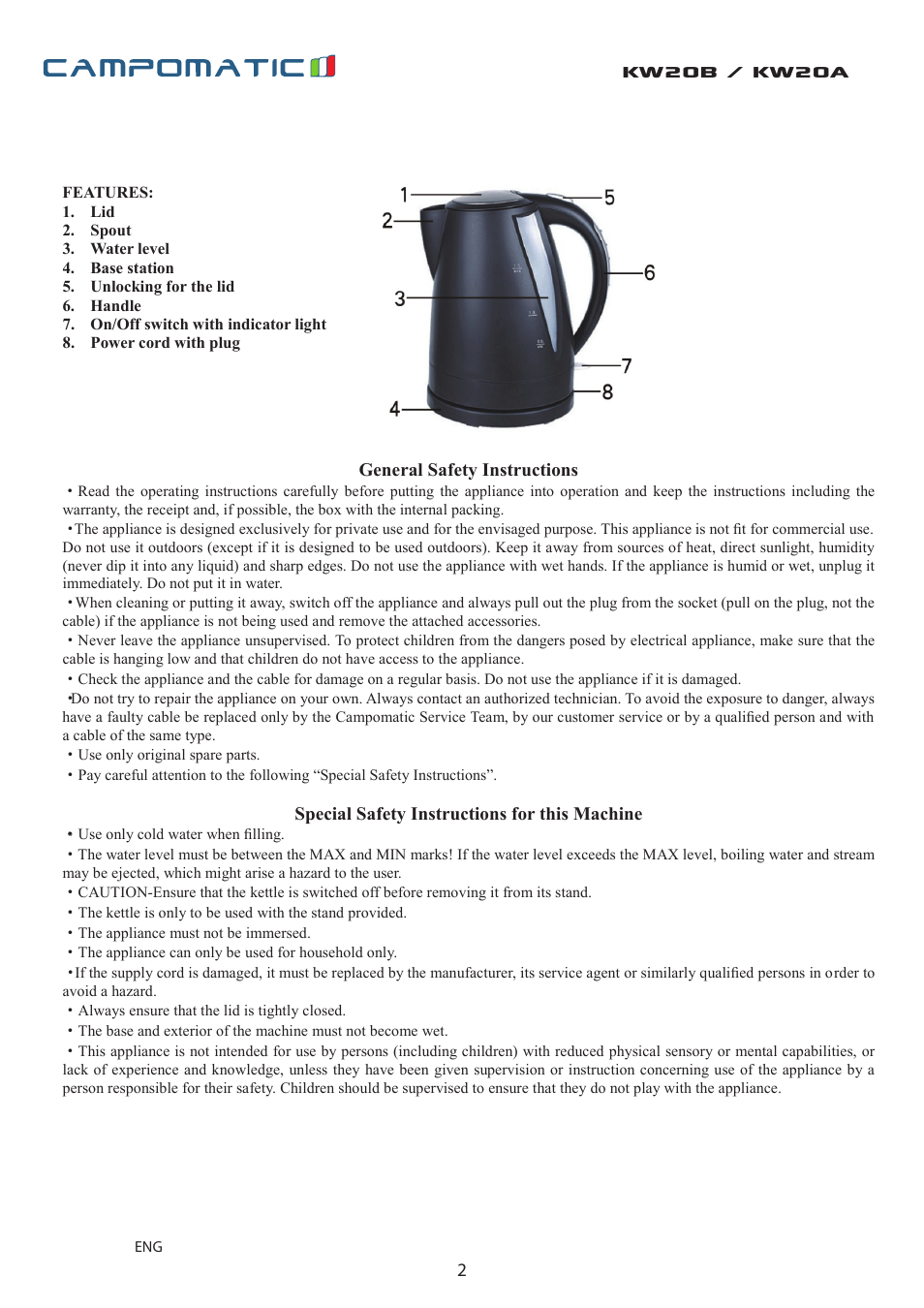 Kw20b / kw20a | Campomatic KW20W User Manual | Page 2 / 8