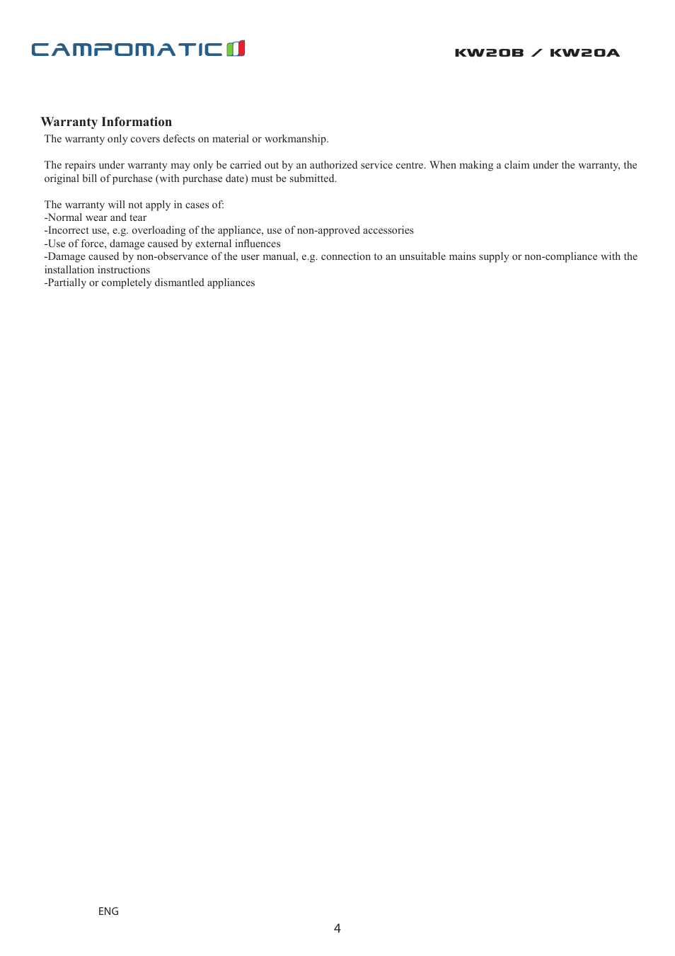Kw20b / kw20a | Campomatic KW20W User Manual | Page 4 / 8