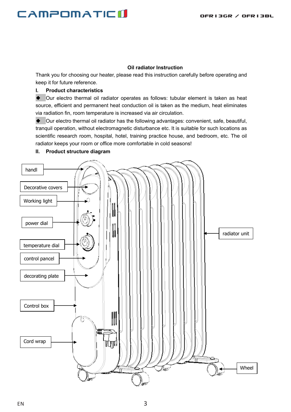 Ofr13gr / ofr13bl | Campomatic OFR13BL User Manual | Page 3 / 12