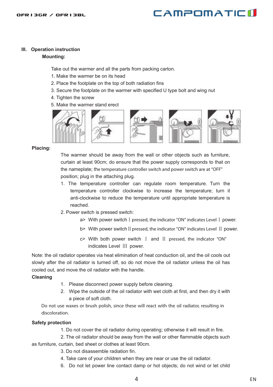 Ofr13gr / ofr13bl | Campomatic OFR13BL User Manual | Page 4 / 12