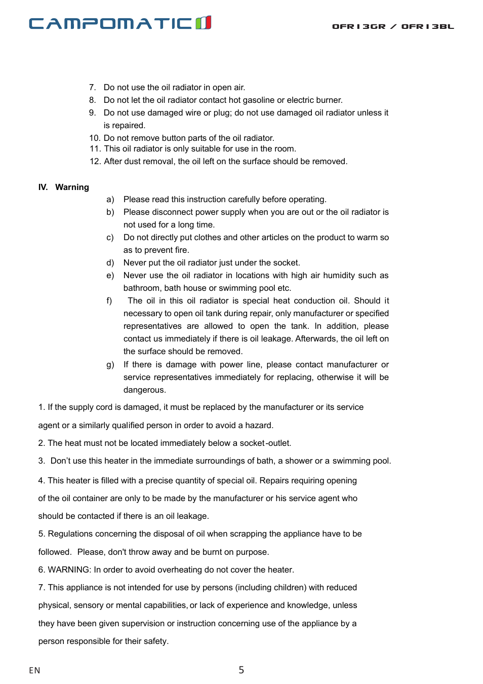 Ofr13gr / ofr13bl | Campomatic OFR13BL User Manual | Page 5 / 12