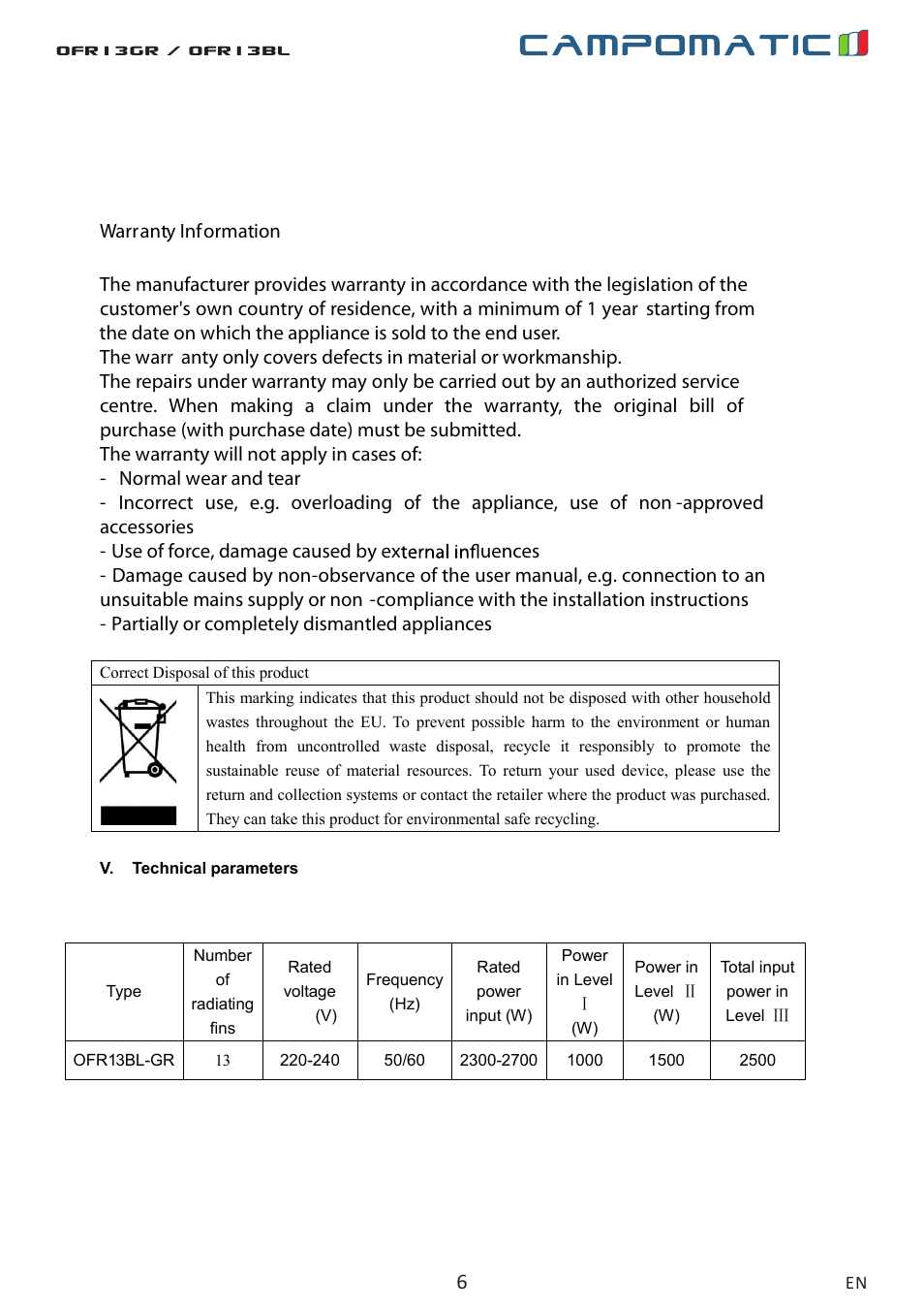 Ofr13gr / ofr13bl | Campomatic OFR13BL User Manual | Page 6 / 12