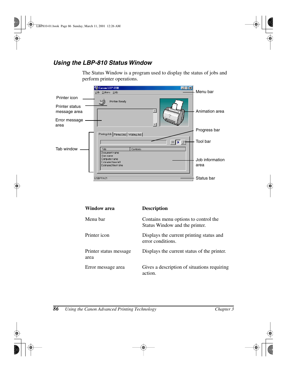 Using the lbp-810 status window | Canon LBP-810 User Manual | Page 102 / 180