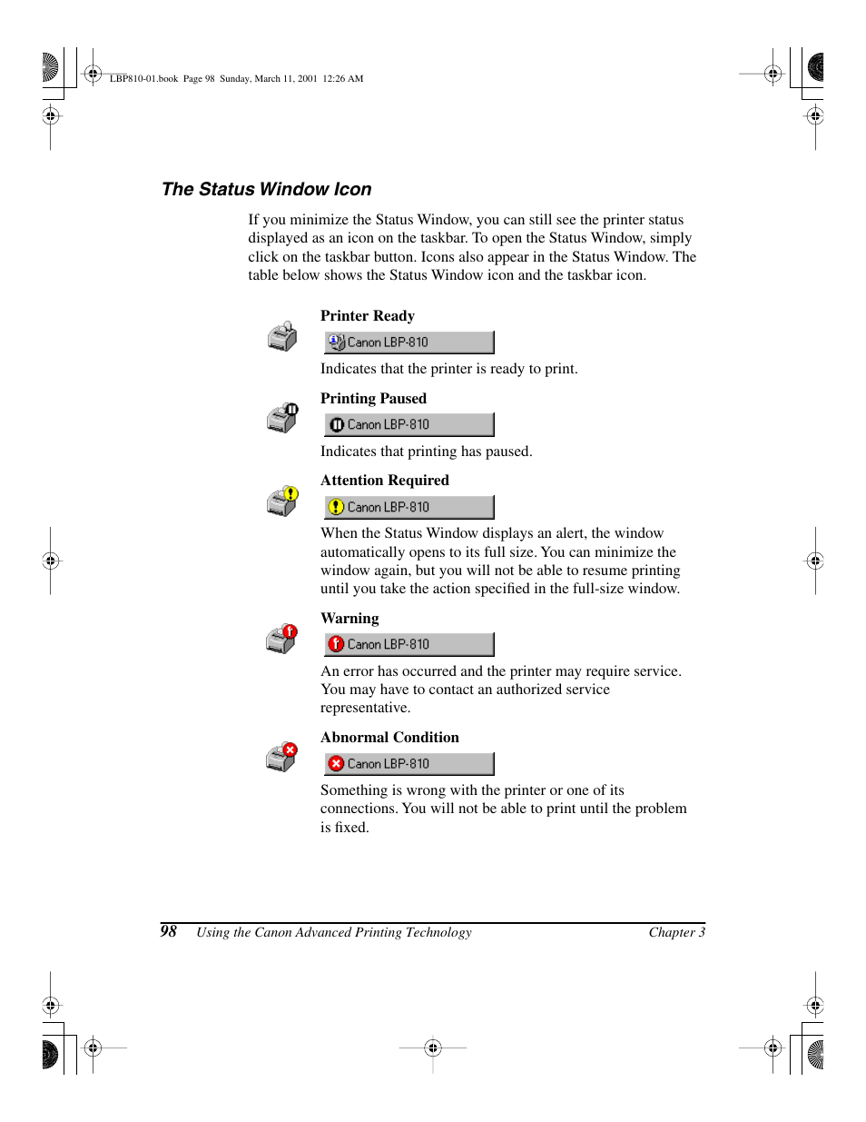 The status window icon | Canon LBP-810 User Manual | Page 114 / 180